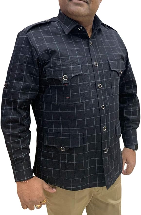Buy Black Checks Safari Shirt for Men. Crafted from cotton fabric, this safari shirt is a perfect companion for outdoor escapades, ensuring you stay cool and stylish during hikes, camping trips, and wildlife explorations.