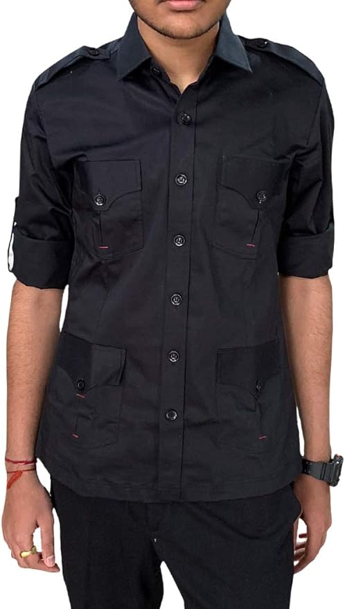 Buy Black Safari Shirt for Men. Crafted from Cotton fabric, this shirt is a perfect companion for outdoor escapades, ensuring you stay cool and stylish during hikes, camping trips, and wildlife explorations.