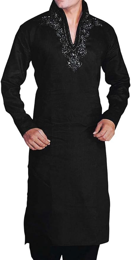 Black Kurta Pajama for men in Linen Embroidered at Neck