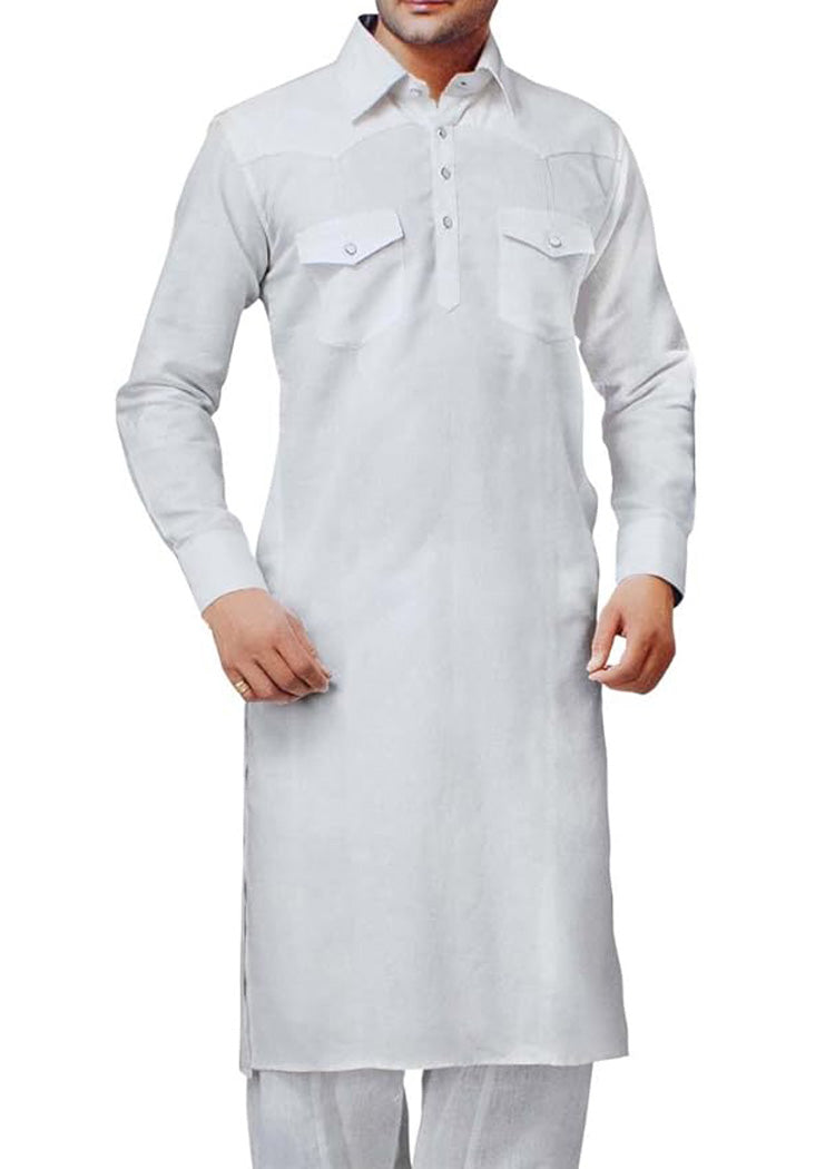 White Kurta Pajama for Men with Salwar in Linen