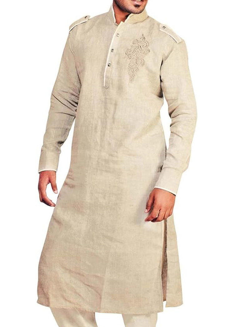 Beige Kurta Pajama for men in Linen with Nehru Collar - Paridhanin - KP2319