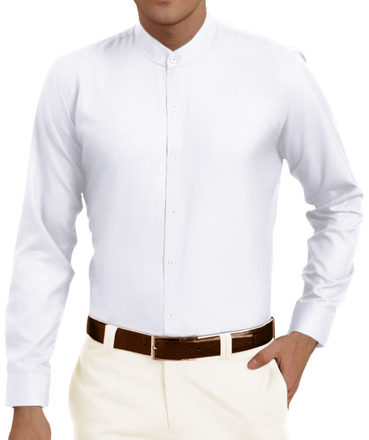 White Mandarin Shirt for Men in Long Sleeves in Cotton - Paridhanin