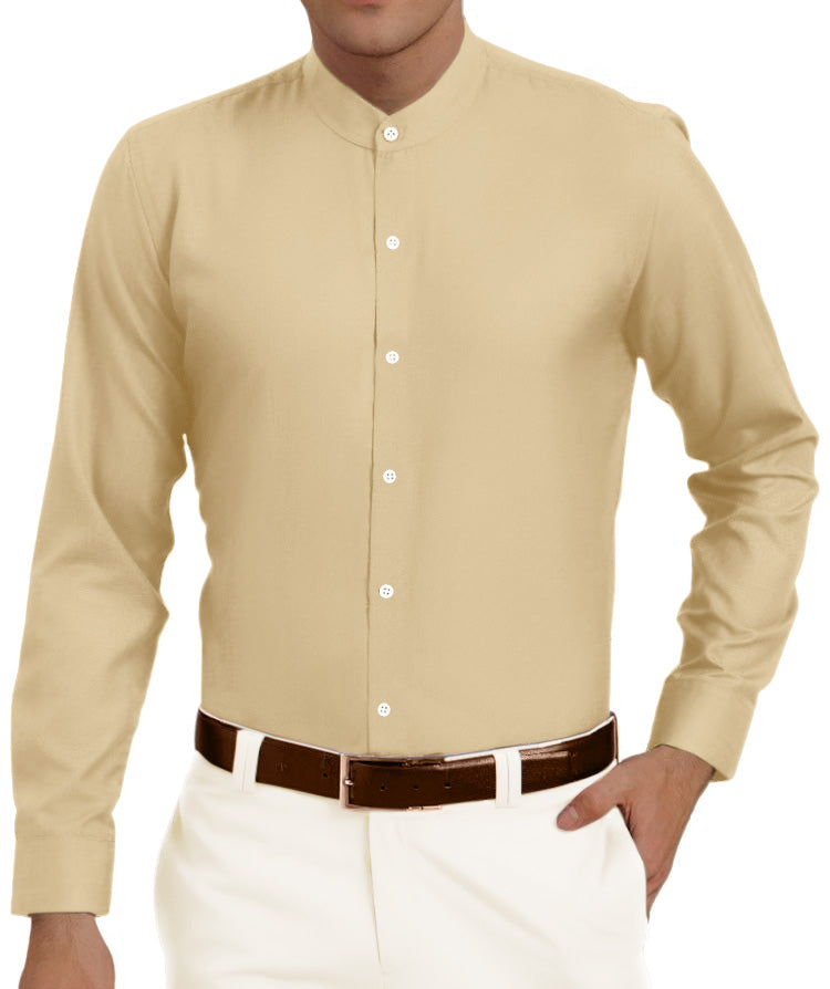 Yellow Collarless Shirt for Men in Long Sleeves in Cotton - Paridhanin