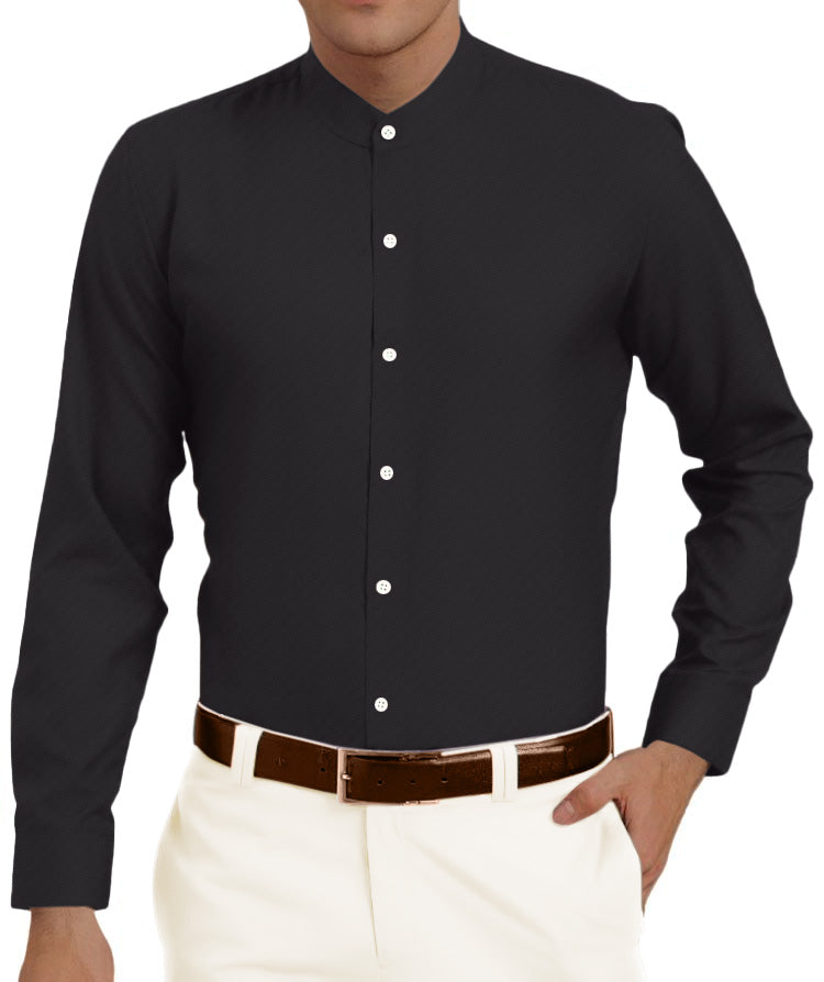 Black Mandarin Shirt for Men in Long Sleeves in Cotton - Paridhanin