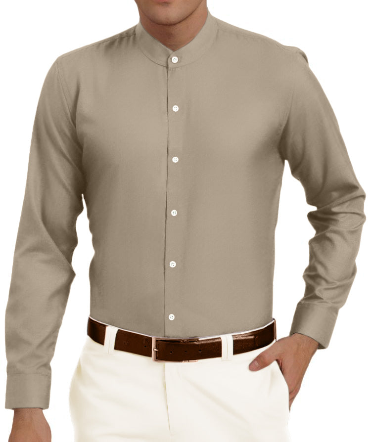 Tan Mandarin Shirt for Men in Long Sleeves in Cotton - Paridhanin