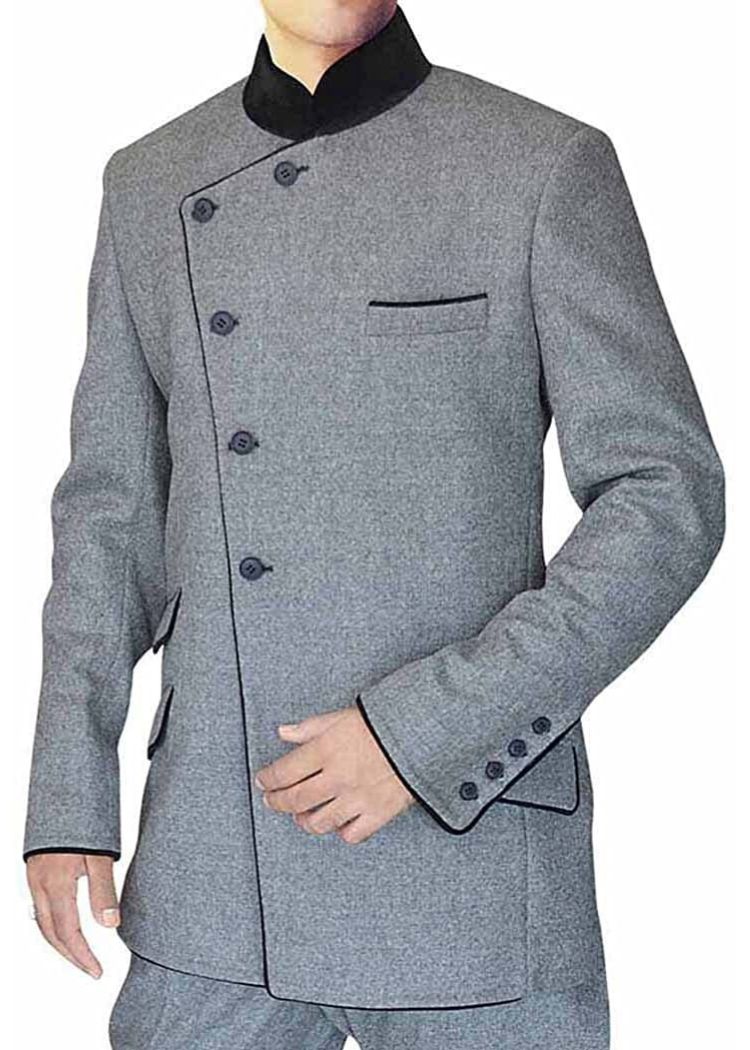 Mens Grey 2 Pc Indian Nehru Collar Suit Angrakha Style with black velvet trimmings - Paridhanin