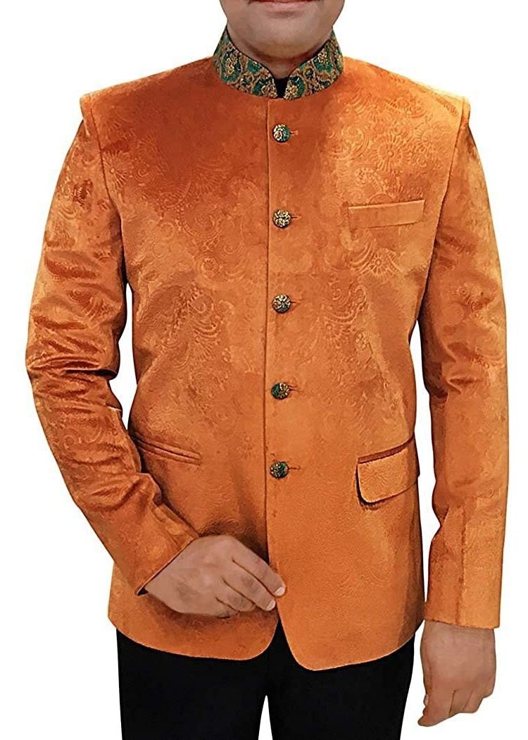 Mens Orange Paisley Design 2 Pc Jodhpuri Suit - Paridhanin