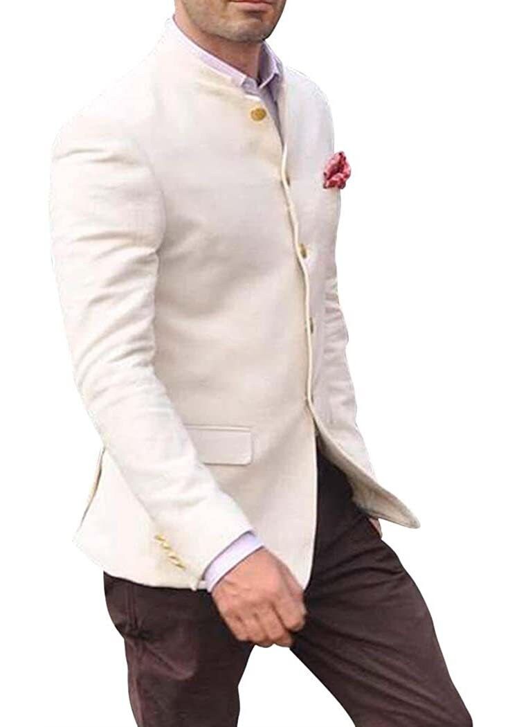Mens Cream Wool Nehru Jacket with Breeches Pant