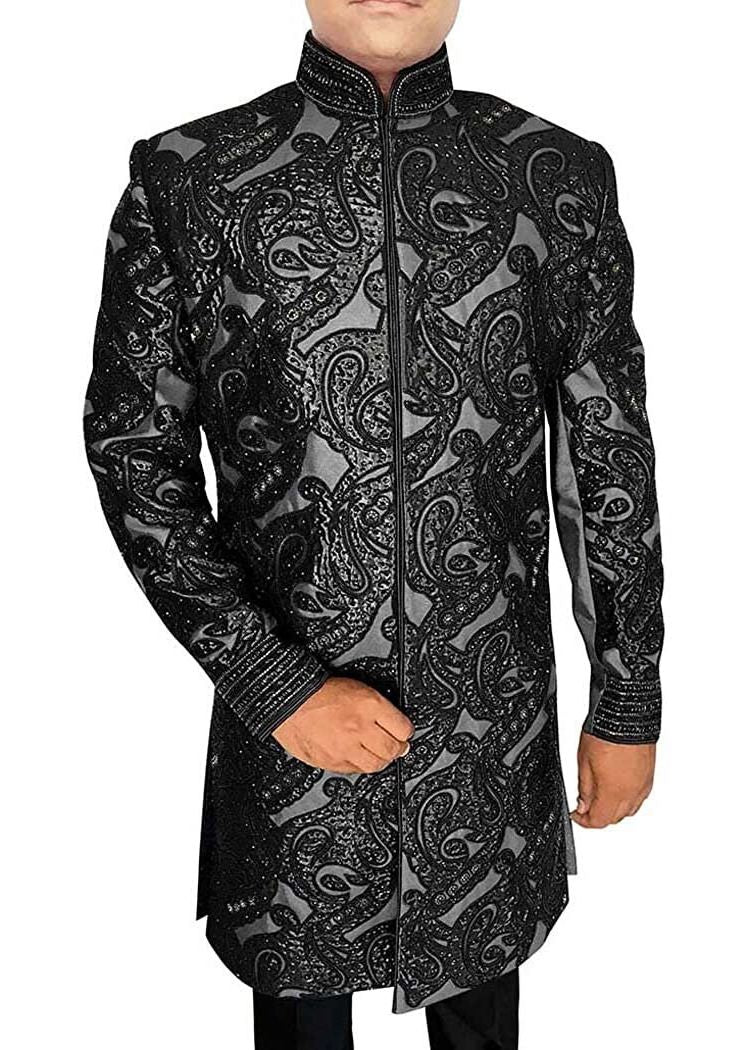 Mens Silver Heavy Hand Embroidered Indowestern for Wedding - Paridhanin