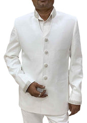 Mens White Linen Jodhpuri Suit V Neck - Paridhanin