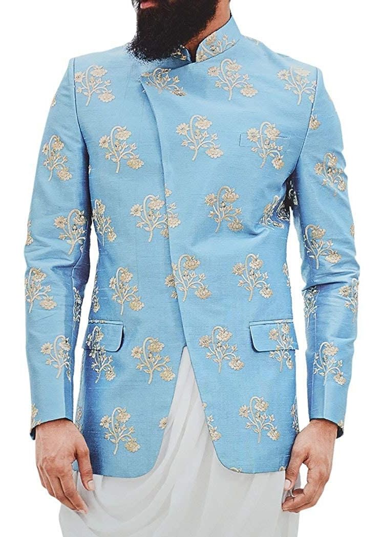 Angrakha style Indian Wedding Mens Blue Embroidered Jodhpuri Suit - Paridhanin