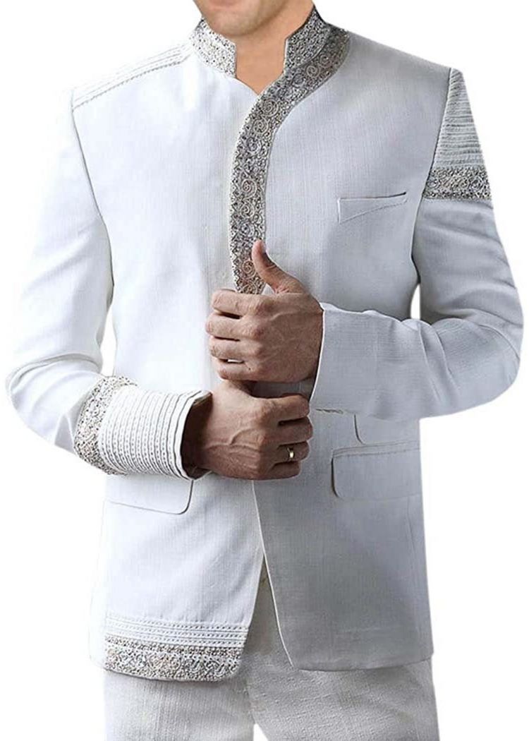 White Linen Suit for Men in Linen with Hand Embroidery - Paridhanin