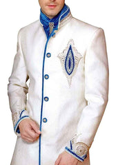 White Blue Velvet Mens Indowestern for Wedding - Paridhanin