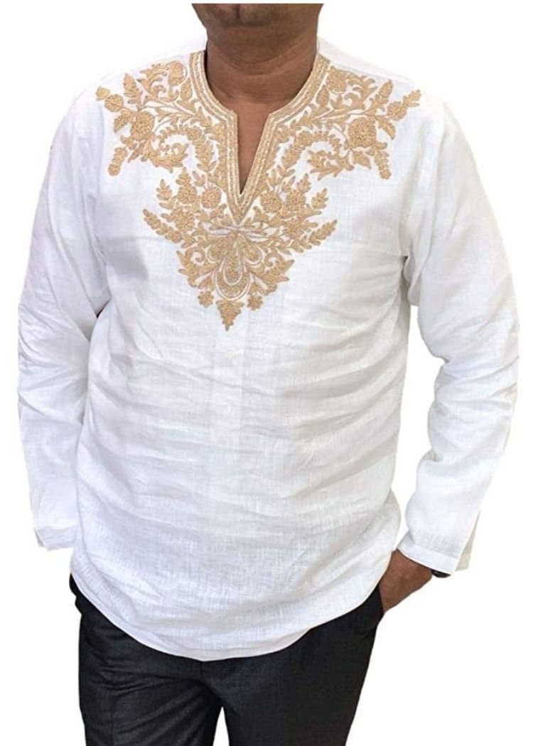 Embroidered V Neck White Mens Tunics Short Kurta - Paridhanin