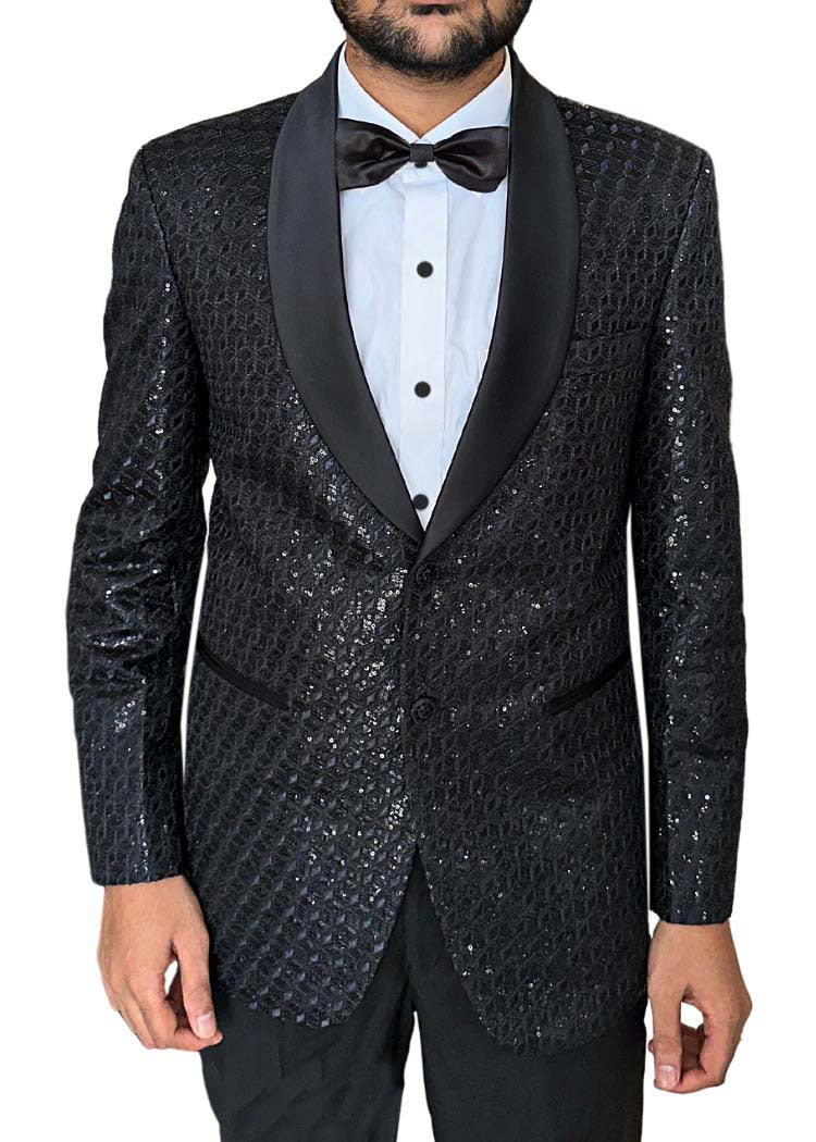 Luxurious Black Tuxedo Wedding Designer 4 Pc Suit for Men - Paridhanin - TX011256