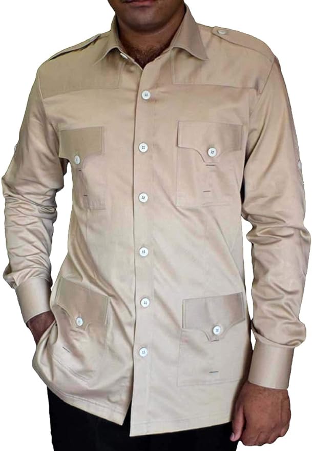 Buy Tan Hunting Shirts for Men. Crafted from cotton fabric, this shirt is a perfect companion for outdoor escapades, ensuring you stay cool and stylish during hikes, camping trips, and wildlife explorations.