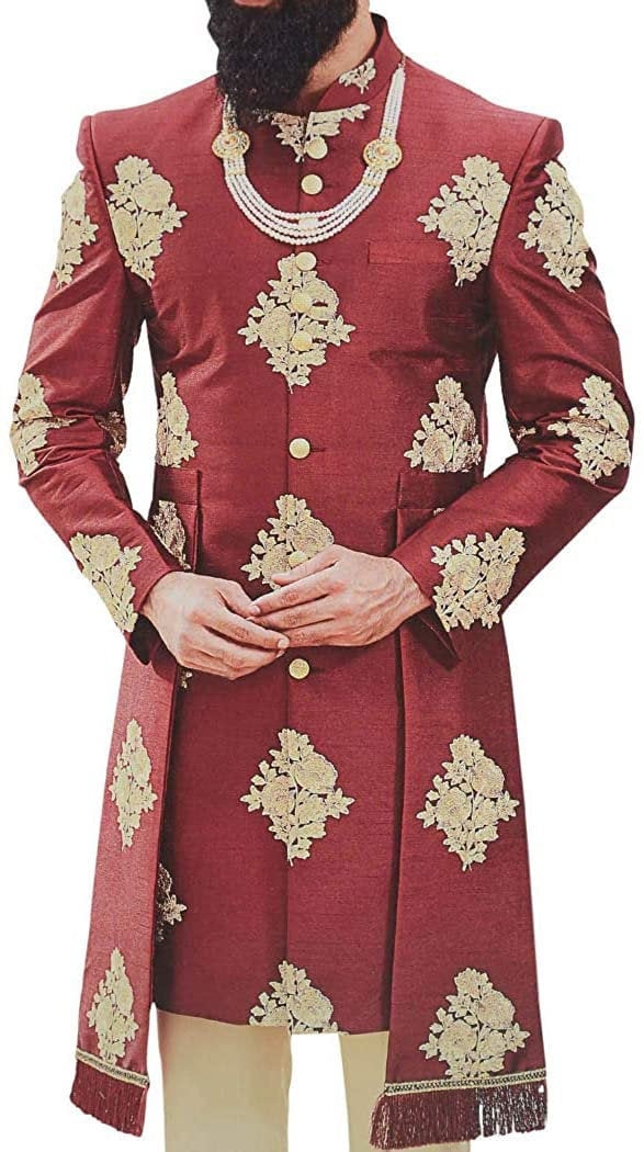 Embroidered Floral Motifs Maroon Mens Sherwani for Groom wedding