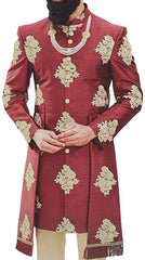 Embroidered Floral Motifs Maroon Mens Sherwani for Groom wedding