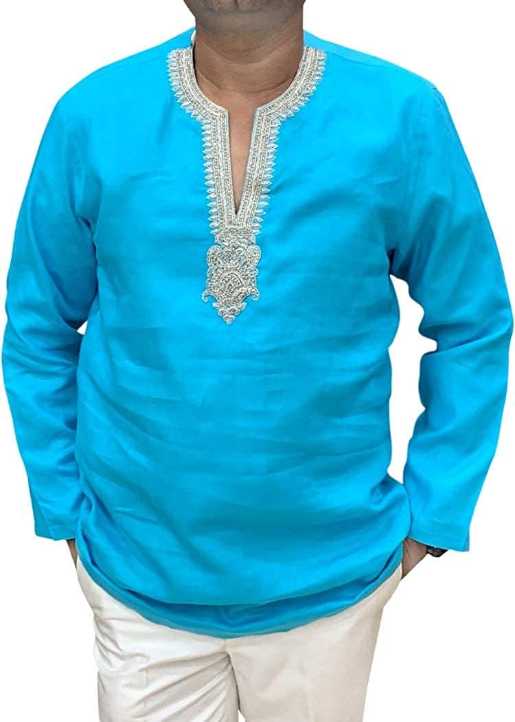 Embroidered V Neck Turquoise Mens Tunics Short kurta