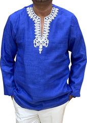 Embroidered V Neck Blue Mens Tunics Linen kurta