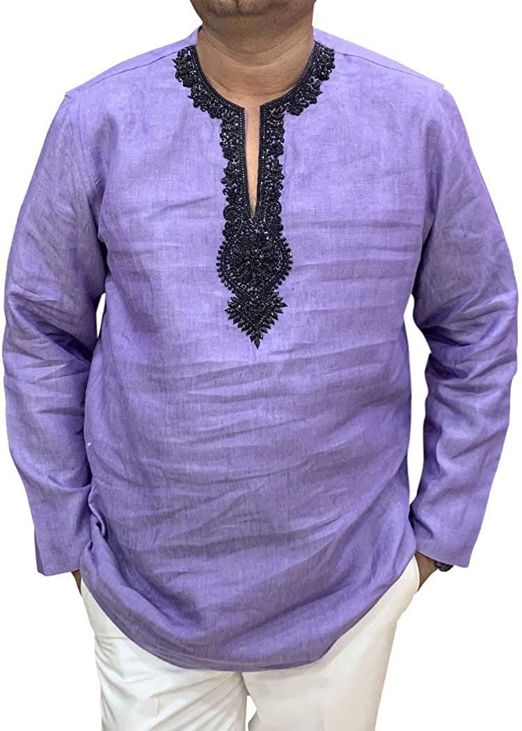 Embroidered V Neck Violet Mens Tunics Linen kurta