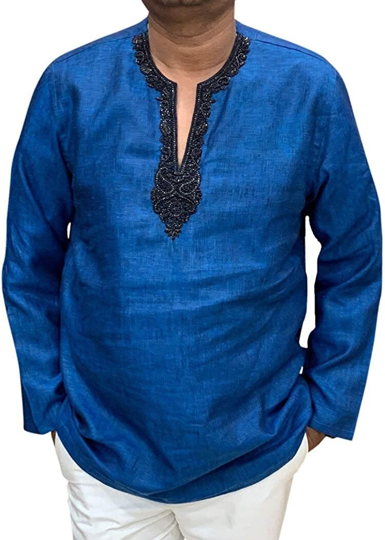 Embroidered V Neck Denim Blue Mens Tunics Short kurta
