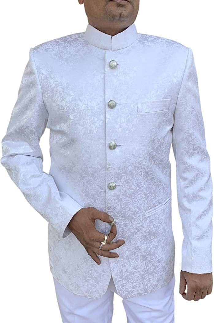 Mens White Indian Nehru Collar Suit 5 Button