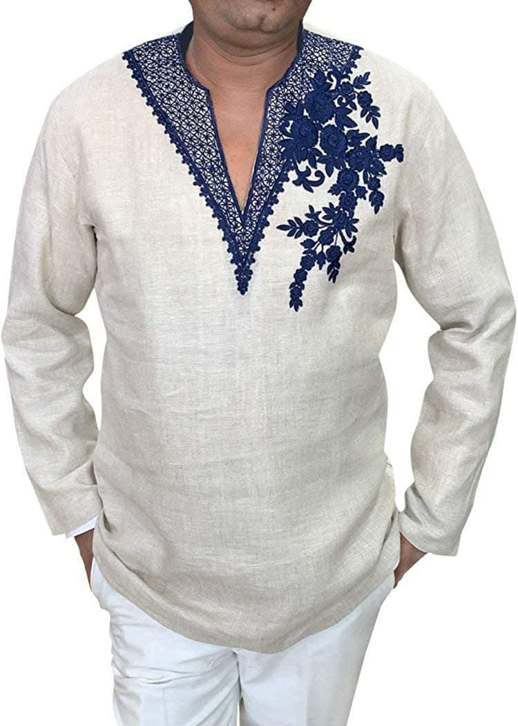 Embroidered V Neck Natural Mens Tunics Linen kurta